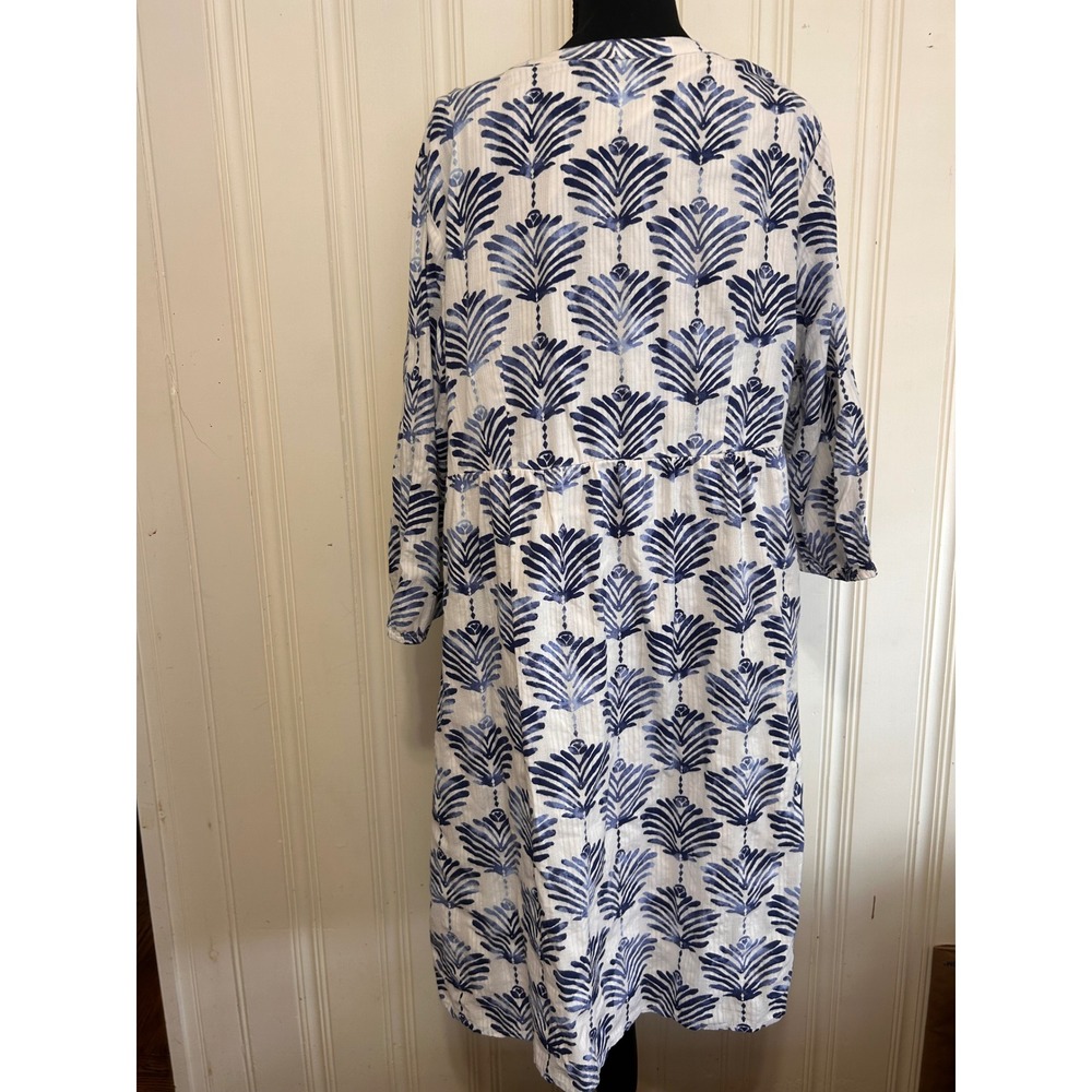 J. Jill Blue White Cotton Dress XL Coastal Boho Vaca Resort Tropical Split Neck - Picture 5 of 11